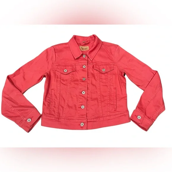 Levi's Women's Dark Coral Color Cropped Casual Jean Jacket Trucker Stretch Sz M - Picture 1 of 7